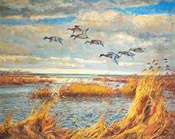 Scenery With Flying Ducks. Signed William Gislander - view 1