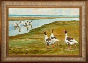 A Coastal Scenery With Geese. Signed. Dated 1926 A Coastal Scenery With Geese. Signed. Dated 1926