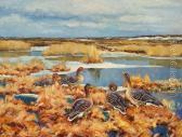 Ducks On A Tidal Meadow, Winter - view 1
