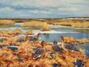 Ducks On A Tidal Meadow, Winter by William Gislander