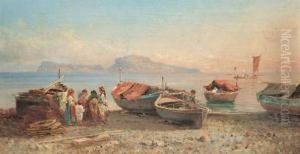 Pescatori Sulla Spiaggia Sullo Sfondo Di Capri by Guglielmo Giusti