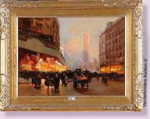 Boulevard Parisien Anime Au Coucher Du Soleil by Fausto Giusto