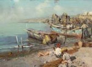 Bay Of Naples With Fishermen And Children On The Shore Bay Of Naples With Fishermen And Children On The Shore