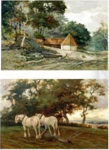 Clydesdale Horses Ploughing And Timber Before Farm Buildings by John Hamilton Glass
