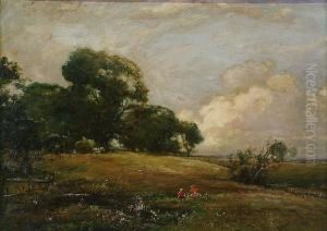 Two Figures Sitting In Meadow; & A Companion, Sheep Grazing By A River Two Figures Sitting In Meadow; & A Companion, Sheep Grazing By A River