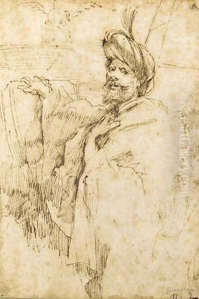 Portrait of a turbanned man holding a book, with a phoenix and a pyramid in the background possibly a self-portrait - view 1