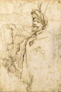 Portrait of a turbanned man holding a book, with a phoenix and a pyramid in the background possibly a self-portrait by Giovanni Benedetto Castiglione