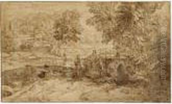 Italianate Landscape With
Figures Resting By A Lake, A Village In The Distance To The Left - view 1