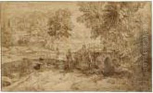 Italianate Landscape With
Figures Resting By A Lake, A Village In The Distance To The Left by Johannes (Polidoro) Glauber
