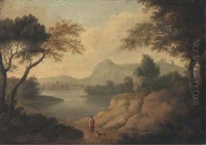 A Wooded River Landscape With A Classical Figure And A Dog On A Track