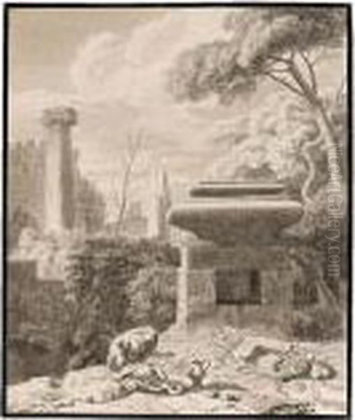 Arcadian Landscape With A Woman Mourning By A Sarcophagus - view 1