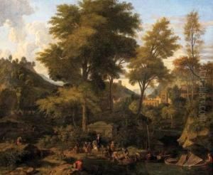 A Classical River Landscape With
 Figures Unloading A Boat, A Townbeyond; And A Classical River Landscape
 With Travellers Resting Andwatering Their Animals, A Tower Beyond