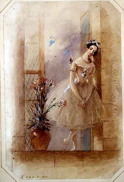 Standing on the window ledge, La Sylphide mourns James's betrothal to his childhood sweetheart, Marie Taglioni (1804-1884) in Act I of a performance of 'La Sylphide, Souvenir D'Adieu', 1845 - view 1