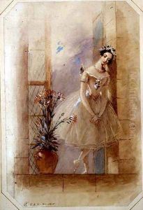 Standing on the window ledge, La Sylphide mourns James's betrothal to his childhood sweetheart, Marie Taglioni (1804-1884) in Act I of a performance of 'La Sylphide, Souvenir D'Adieu', 1845 by Alfred-Edward Chalon