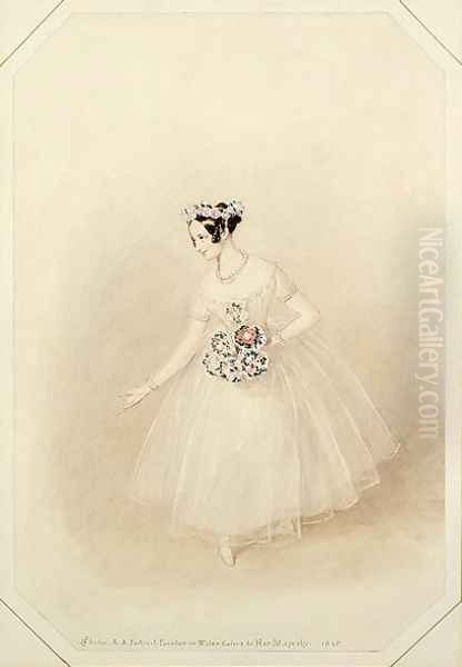 Marie Taglioni (1804-1884) as La Sylphide takes her curtain call with a posy of flowers, in a performance of 'La Sylphide, Souvenir D'Adieu' - view 1