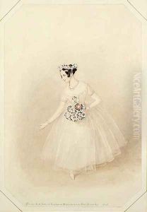 Marie Taglioni (1804-1884) as La Sylphide takes her curtain call with a posy of flowers, in a performance of 'La Sylphide, Souvenir D'Adieu' by Alfred-Edward Chalon