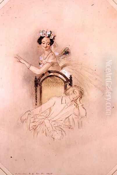 La Sylphide hovers beside the seated sleeping James, Marie Taglioni (1804-1884) in Act I of a performance of 'La Sylphide, Souvenir D'Adieu' 1845 - view 1