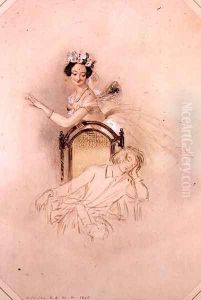 La Sylphide hovers beside the seated sleeping James, Marie Taglioni (1804-1884) in Act I of a performance of 'La Sylphide, Souvenir D'Adieu' 1845 by Alfred-Edward Chalon