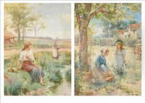 Young Mother And A Girl Picking Apples In An Orchard by Alfred Glendening
