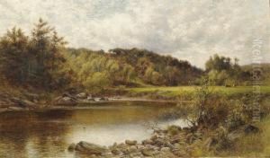 River Landscape With Cattle In A Sunlit Meadow
