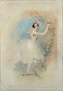 James, having deserted Effie, presents La Sylphide with a nest of a sister creature of the air. by Alfred-Edward Chalon