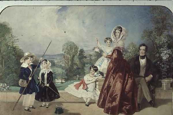 Mr. and Mrs. George Knott, with four children, on the Terrace of Bohun Lodge, New Barnet - view 1