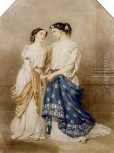 Scene from the 1848 production of 'Antigone' at the St. James Theatre with Mlle. Baptiste as Ismeme and Mme. Pechter as Antigone, 1848 by Alfred-Edward Chalon