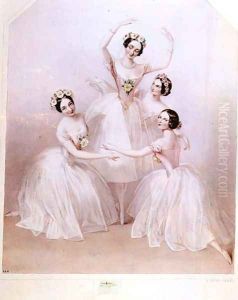 The 'Pas de Quatre': Carlotta Grisi (1819-99) Marie Taglioni (1804-84) Lucile Grahn (1819-1907) and Fanny Cerrito (1817-1909) by Alfred-Edward Chalon