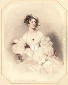 Portrait of a lady, three-quarter-length, seated in a chair, with flowers in her hair by Alfred-Edward Chalon