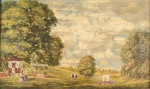 Figures And Horse Drawn Caravans On A Country Road