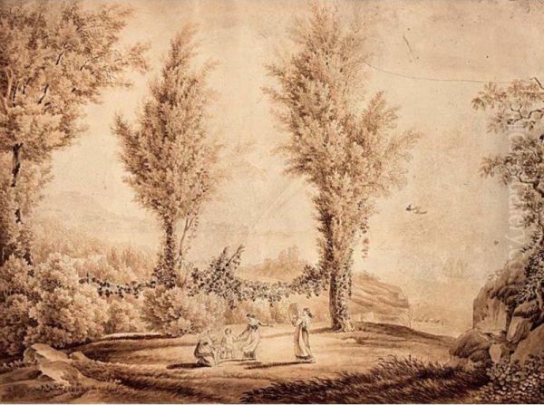 A Park Landscape With Women And Children Playing And Making Music Near A Lake - view 1