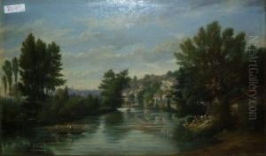 Bord De Riviere Aux Lavandieres Et Pecheurs