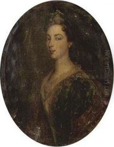 Portrait Of A Lady, Bust-length, In A Green Dress With Lace Trim And A Gold Wrap