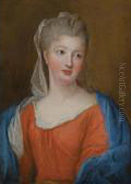 Portrait Of A Lady, Half Length, Wearing An Orange Dress And A Blue Shawl - view 1