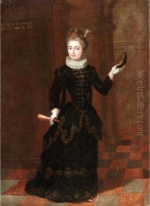 Portrait Of A Lady, Full Length,
Wearing A Black Dress And Holding A Fan, Possibly The Marchioness
D'espinouse by Pierre Gobert