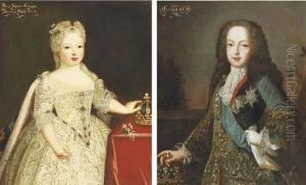 Portrait Of A
Marie-anne-victoire, Infanta D'espagna, Small,three-quarter-length, In A
White Dress Set With Pearls, By A Table,her Left Hand On Her Crown; And
Portrait Of King Louis Xv, Small,three-quarter-length, In An
Embroidered Blue Velvet Wai - view 1