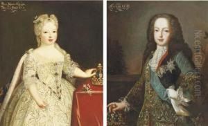 Portrait Of A 
Marie-anne-victoire, Infanta D'espagna, Small,three-quarter-length, In A
 White Dress Set With Pearls, By A Table,her Left Hand On Her Crown; And
 Portrait Of King Louis Xv, Small,three-quarter-length, In An 
Embroidered Blue Velvet Wai