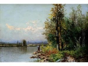 Pecheur En Bord De Riviere by Alfred Godchaux