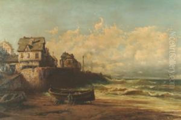French Fishing Village With
Half-timbered Dwellings, A Fisherman Tending His Boat In The Lee Of The
Sea Wall, As A Storm Gathers Out To Sea - view 1