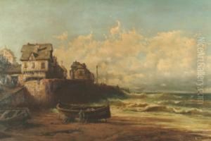French Fishing Village With 
Half-timbered Dwellings, A Fisherman Tending His Boat In The Lee Of The 
Sea Wall, As A Storm Gathers Out To Sea