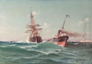 Voilier Remorque A L'entree Du Port De Marseille. by Alfred Godchaux