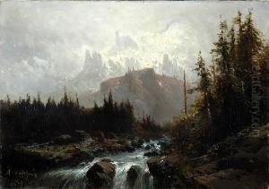 River In A Mountainous Landscape by Alfred Godchaux