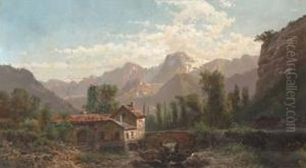 At A Bridge In A Mountainous Landscape; And A Figure In An Alpine Landscape - view 1