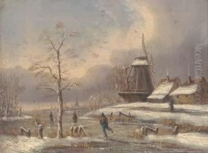 Skaters On A Frozen Waterway In A Dutch Winter Landscape; And Another Similar by Alfred Godchaux
