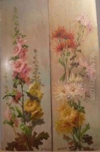 Deux Panneaux Formant Pendant A Decor De Roses Tremiere Etdahlia by Emile Godchaux