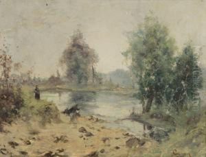 Lavandieres Au Bord D'une Riviere by Emile Godchaux