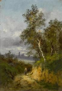 Bauerin Auf Einsamem Weg In Weiter Landschaft