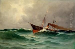 Bateau A Vapeur Dans La Tempete by Emile Godchaux