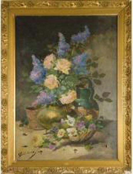 Fleurs Aux Pichet De Cuivre Et 
Crucheen Terre Vernissee. Huile Sur Toile Signee En Bas A Gauche. 91cm 
X64cm - view 1