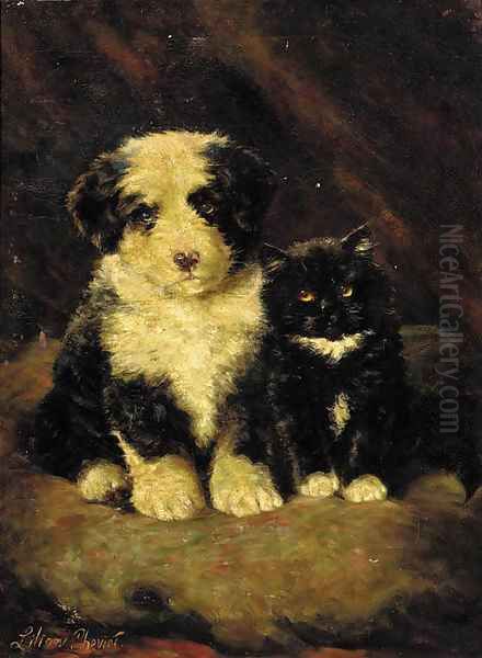 A sheepdog puppy with a kitten - view 1